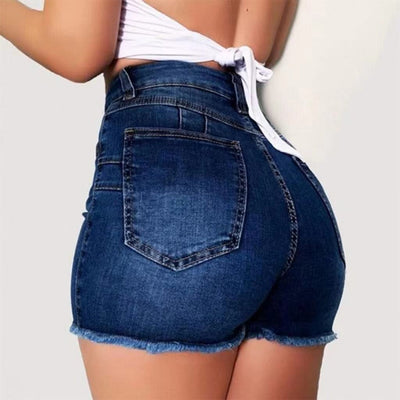 Chic High-Waisted Denim Shorts with Frayed Hem