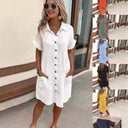 Chic Women's Cotton Blend Shirt Dress with Button Placket & Pockets
