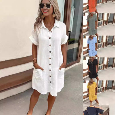 Chic Women's Cotton Blend Shirt Dress with Button Placket & Pockets