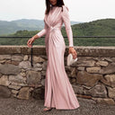 Chic Long Dress with Ruching & High Collar