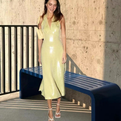 Shimmering V-Neck Midi Dress for Women