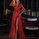 Chic Evening Gown with Deep V-Neck and Flowing Train
