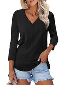 Women's Button Placket V-Neck Long Sleeve Top