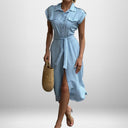 Chic Women's Shirt Dress with Tie Belt & Flap Pockets