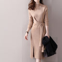 Chic Knitted Dress with Side Slit and Fitted Belt