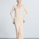 Chic Women’s Long-Sleeve Maxi Dress with Ribbed Design and Button Accent