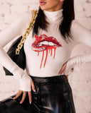 Chic Women's Long-Sleeve Bodysuit with Artistic Lip Design