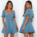Stylish Women's Denim Dress with Puff Sleeves and Waist Belt