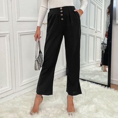 Chic High-Waisted Trousers with Trendy Button Accents