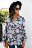 Floral Print Women's Long Sleeve Blouse with Stand-Up Collar