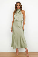 Chic Maxi Dress with Stand-Up Collar and Draped Design