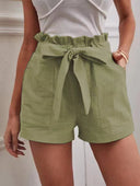 Woman's Linen Shorts with Decorative Belt and Elastic Waist