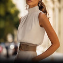 Chic Stand-Up Collar Blouse with Pleats for Women
