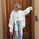 Stylish Blouse with Bow Collar and Ruffle Sleeves