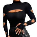 Chic Long Sleeve Bodysuit with Heart Cut-Outs and Rhinestone Accents