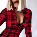 Chic Women's Long Sleeve Zipper Bodysuit with Check Design