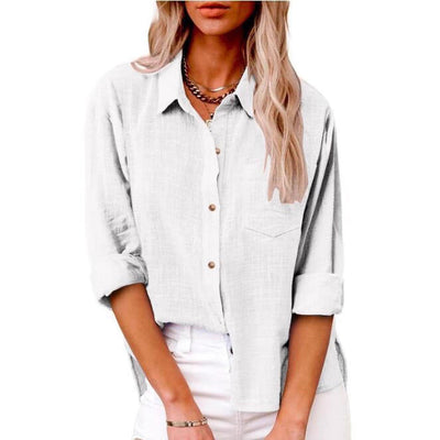 Women's Short Sleeve Linen Blouse with Button Accents
