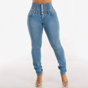 High-Waist Skinny Jeans with Elastic Waist and Stylish Buttons