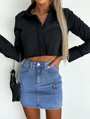 Chic Women's Cropped Blouse with Stylish Collar and Handy Pockets