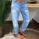 Distressed Women's Boyfriend Jeans with Button Closure