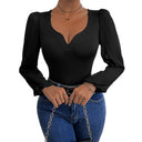 Women's Bodysuit with Romantic Puff Sleeves and V-Neck Design