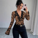 Women's Lace Top with Deep V-Neck & Ruffle Accents