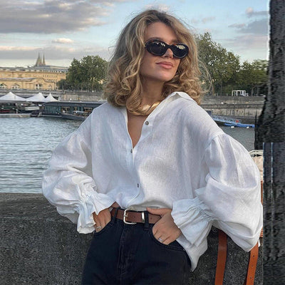 Chic Women's Linen Blouse with Balloon Sleeves