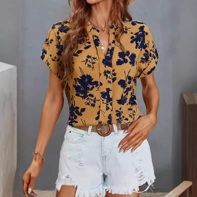 Floral Print Women's Blouse with Button Placket