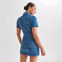 Chic Women's Denim Shirt Dress with Short Sleeves
