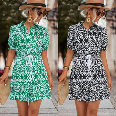 Stylish Short Sleeve Dress with Adjustable Waist Tie