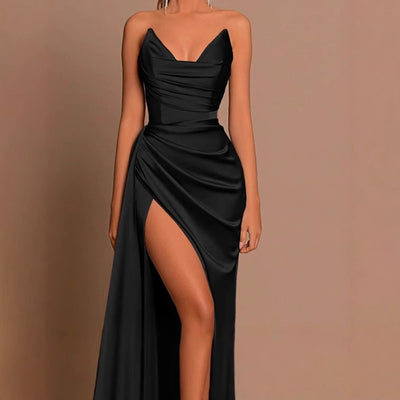 Chic Long Sleeve Maxi Dress with High Slit and Draped Design