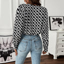 Graphic Pattern Deep V-Neck Designer Blouse for Women