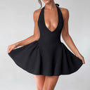 Chic Women's Deep V-Neck Short Dress with Flared Skirt