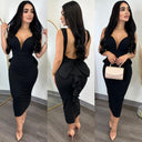 Chic Women's Midi Dress with Deep V-Neck and Peplum Hem