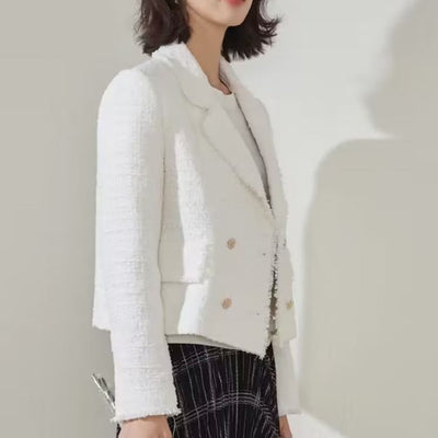 Textured Fabric Double-Breasted Blazer Jacket for Women