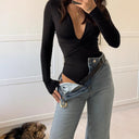 Chic Women's Long-Sleeve V-Neck Bodysuit with Twist Design