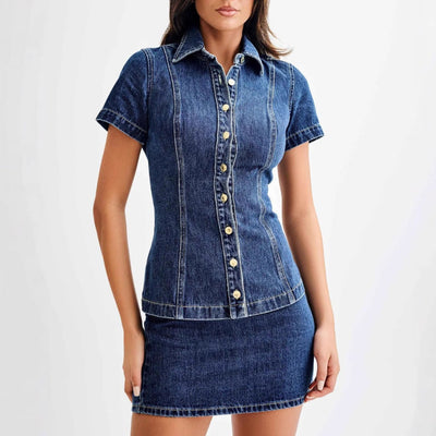 Chic Women's Denim Shirt Dress with Short Sleeves