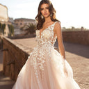 Floral Appliqué Wedding Dress with Tulle Overlay