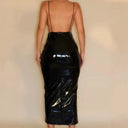 Stylish Women's Patent Midi Dress with Alluring V-Neck Design
