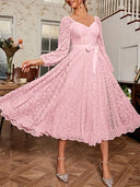 Ladies Lace Midi Dress with Puff Sleeves and Waist Tie