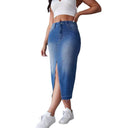 Chic Women's Denim Midi Skirt with Side Slit and Frayed Hem