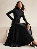 Chic Long Sleeve Maxi Dress with High Collar and Flowing Skirt