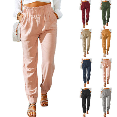 Women's Cotton Trousers with Elastic Waist and Handy Pockets