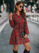 Checkered Long Sleeve Shirt Dress with Tie Belt