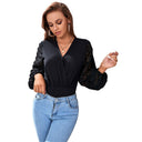 Women's V-Neck Bodysuit with Sheer Puff Sleeves