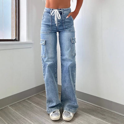 Wide Leg Women's Cargo Jeans with Adjustable Waist