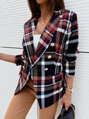 Stylish Women's Checkered Blazer - Chic Double-Breasted Design
