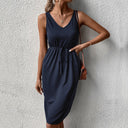 Women's Midi Dress with High Collar and Adjustable Belt