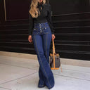 High-Waist Flared Jeans with Stylish Button Accents