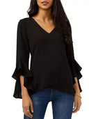 Stylish Women's Ruffle Blouse with Deep V-Neck